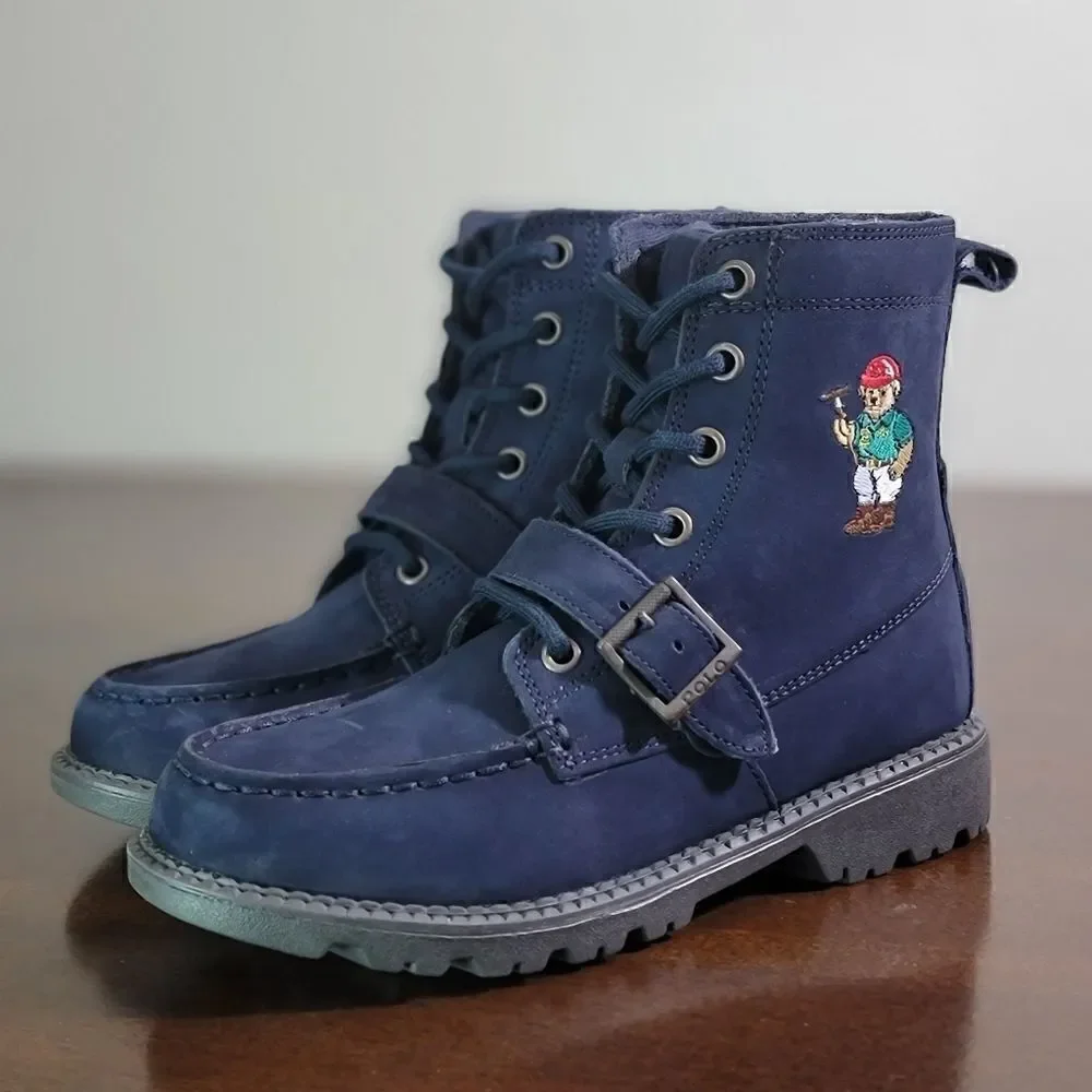 Polo Ralph Lauren Bear Ranger Leather Boots Navy Blue Black Youth Size 2 New